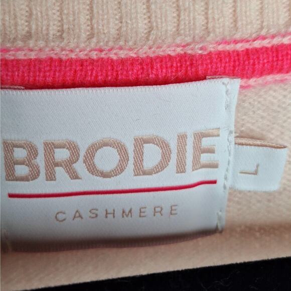 Brodie Elbow Patch Cardigan 100% Cashmere Large Varsity Stripe Preppy Academia - Picture 5 of 16